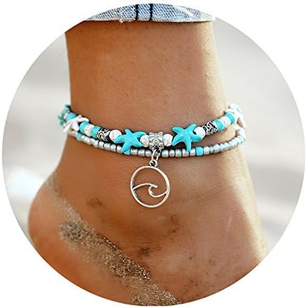 Starfish Turtle Anklets Bracelet Layered Boho Gold Chain Silver Heart Beach Foot Jewelry Women Girls