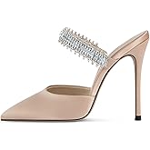BlingQueen Women Heeled Mules Rhinestone Embellished Strap Pointed Toe Mules Satin Stiletto High Heels Slip On Bridal Sandals for Women