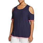 Alison Andrews Womens Plus Pom Pom Trim Cold Shoulder Casual Top Navy 3X