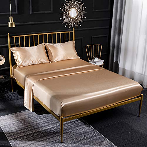 Cream Satin Silk Bed Sheet Set 4 Pcs with Satin Fitted Sheet,Flat Sheet,Pillowcase Breathable Soft and Comfortable Bedding Set Superking Size