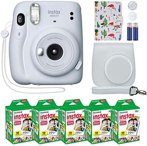 Fujifilm Instax Mini 11 Instant Camera Ice White + Custom Case + Fuji Instax Film Value Pack (50 Sheets) Flamingo Designer Photo Album for Fuji instax Mini 11 Photos