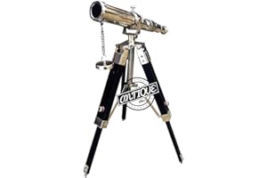 ANTIQUE VIBES Brass Telescope with Wooden Tripod | Antique Style Functional Handcrafted Spyglass | Surveyor Victorian Decorative Piece for Home, Office or Study