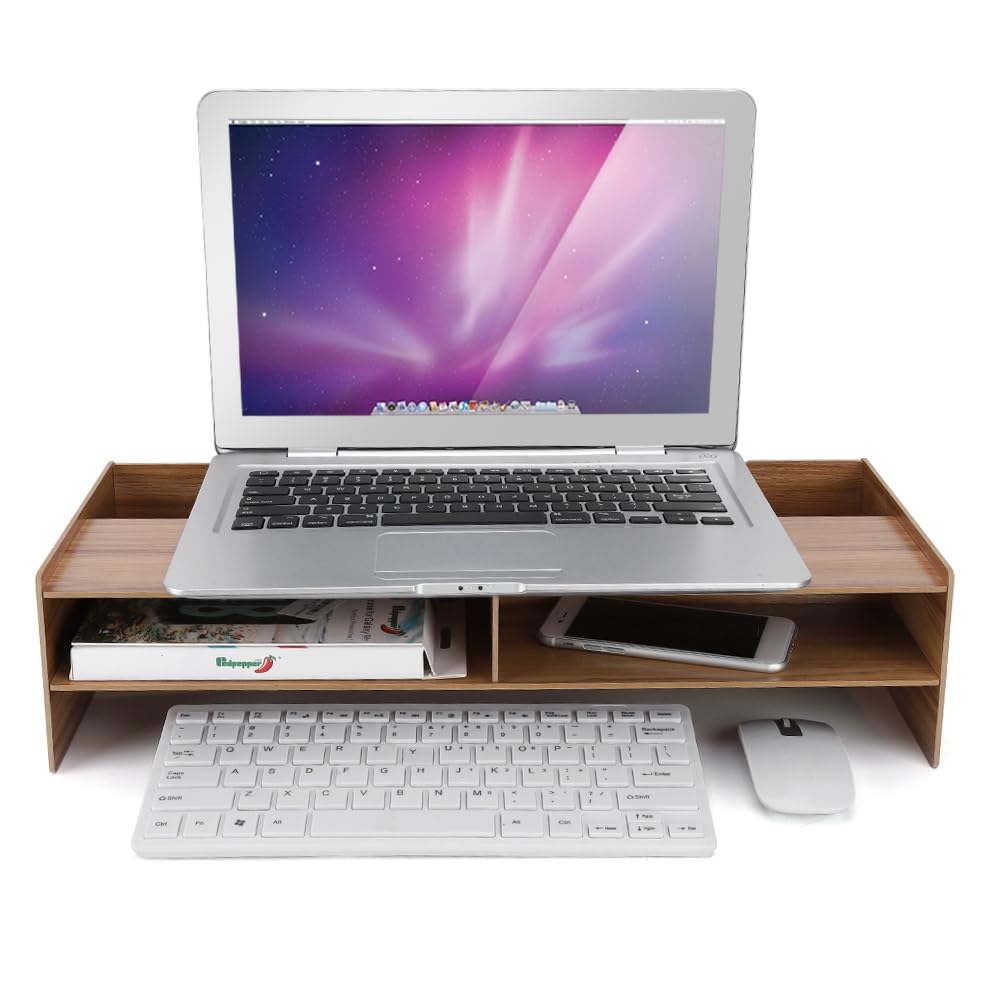 Dpofirs Monitor Stand Wooden, Multifunctional Wooden Office Desk Organiser Desktop Computer Screen Riser for Laptop Notebook Monitor, 7.5 * 7.5cm Laptop Stand DIY Style Stitching(Cherry wood)