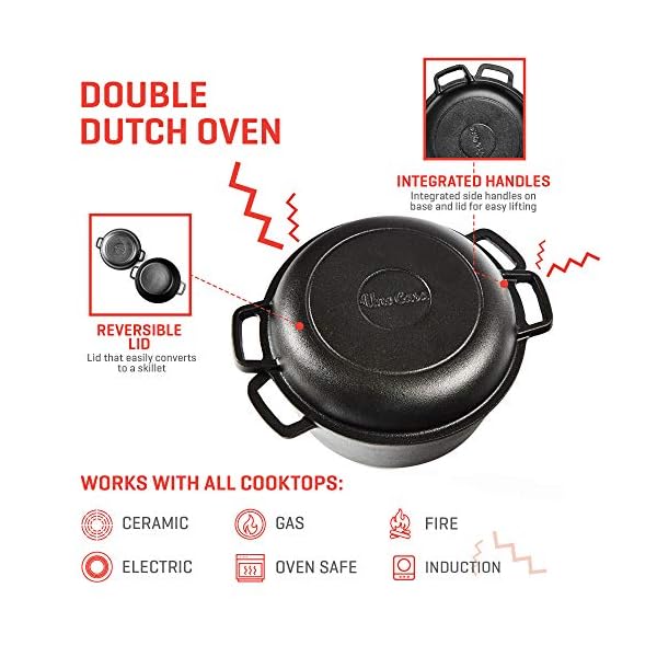 Uno Casa Cast Iron Dutch Oven with Lid- 2 in 1 Camping Oven, 5 Quart Cast Iron Pot, 1.6 Quart Cast Iron Pan, Dutch Oven…