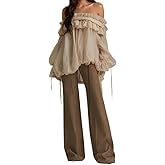 CNPOLOOK Women's Bow Lace Up Flowy Ruffle BlouseTop with Puff Sleeves Sheer Mesh Off-Shoulder Boho Beach Going Out