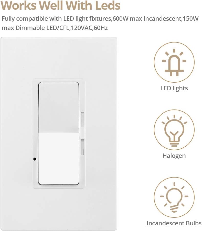 MLLIZH Dimmer Switch for Dimmable LED, CFL and Incandescent Bulbs, 3-Way/Single-Pole, 600 Watt max, Screwless Wall Plate Included: Industrial & Scientific