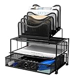 Homemaxs Desk Organizer Mesh with Sliding Drawer, 5 Removable Stacking Sorter Sections and Double Tray for Office Black