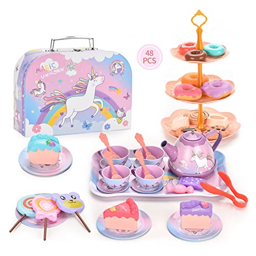 AM ANNA 48 PCS Toy Unicorn Tea Set for Little Girls, Princess Tea Party Play Toy Kid Tea Set Including Teapot,Cups, Plates, Dessert, Drinks & Carrying Case, Kitchen Pretend Play Toys(Unicorn Tea Set)