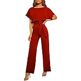 amropi Women's Short Sleeve Jumpsuits Belted Wide Leg Long Pant Romper