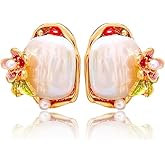 Baroque Pearl Earrings for Women lightweight Irregular Pearl Charm Earring White Pearl Enamel Flowers Statement Stud Earring Jewelry Birthday Gifts