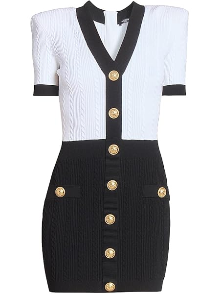 Balmain Two-Tone Torsade-Knit Short-Sleeve Minidress