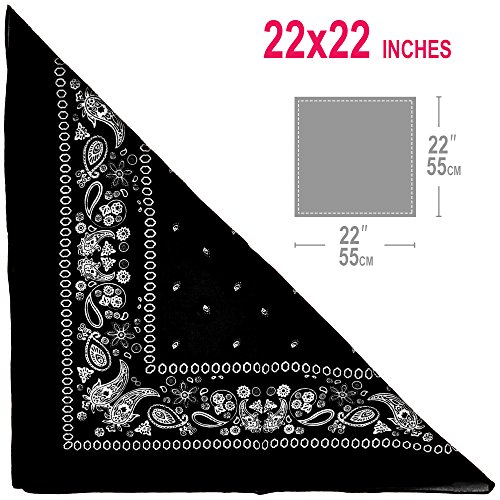 Basico Bandanas Value Pack 100% Cotton Paisley Head Wrap with Tube Face Mask/Headband (6pk- Black)