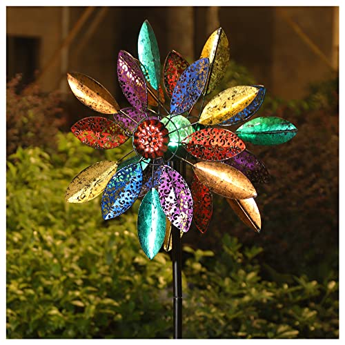 DELUN Solar Garden Wind Spinner Yard Art Metal Wind Spinners with LED