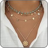 ONBRIG Layered Boho Necklaces for Women Gold Coin Pendant Necklaces Stackable Turquoise Choker Necklace for Women Western Jewelry