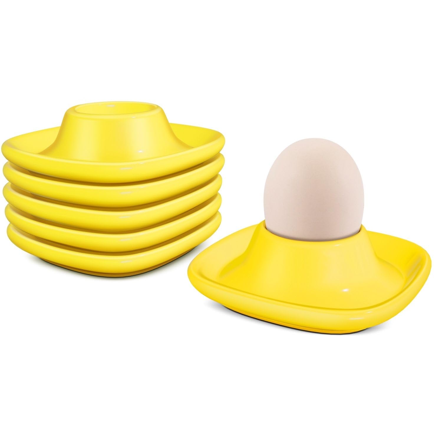 Flexzion Egg Cups for Soft Boiled Eggs - Set of 6 Ceramic Egg Holder - Stackable Egg Coddler Cups with Base for Serving, Breakfast, Brunch - Kitchen Table Decor, Yellow