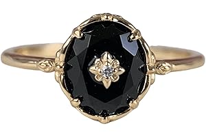 FAMIVES Vintage Black Onyx Engagement Ring for Women Gold Art Deco Solitaire Wedding Ring Unique Oval Cut Stone Anniversary Jewelry
