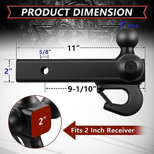 XPE Tri Ball Trailer Hitch Mount with Hook Fits 2 Inch Receiver Matte Black | 3-in-1 Tow Hitch with 1-7/8" 2" and 2-5/16" Interchanging Balls