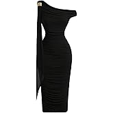Floerns Women's Elegant Off The Shoulder Midi Dress Metal Sleeveless Ruched Slim Fit Bodycon Party Dresses