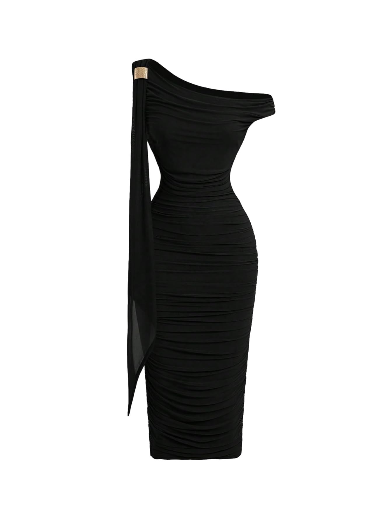 Photo 1 of Floerns Women's Elegant Off The Shoulder Midi Dress Metal Sleeveless Ruched Slim Fit Bodycon Party Dresses Black Medium