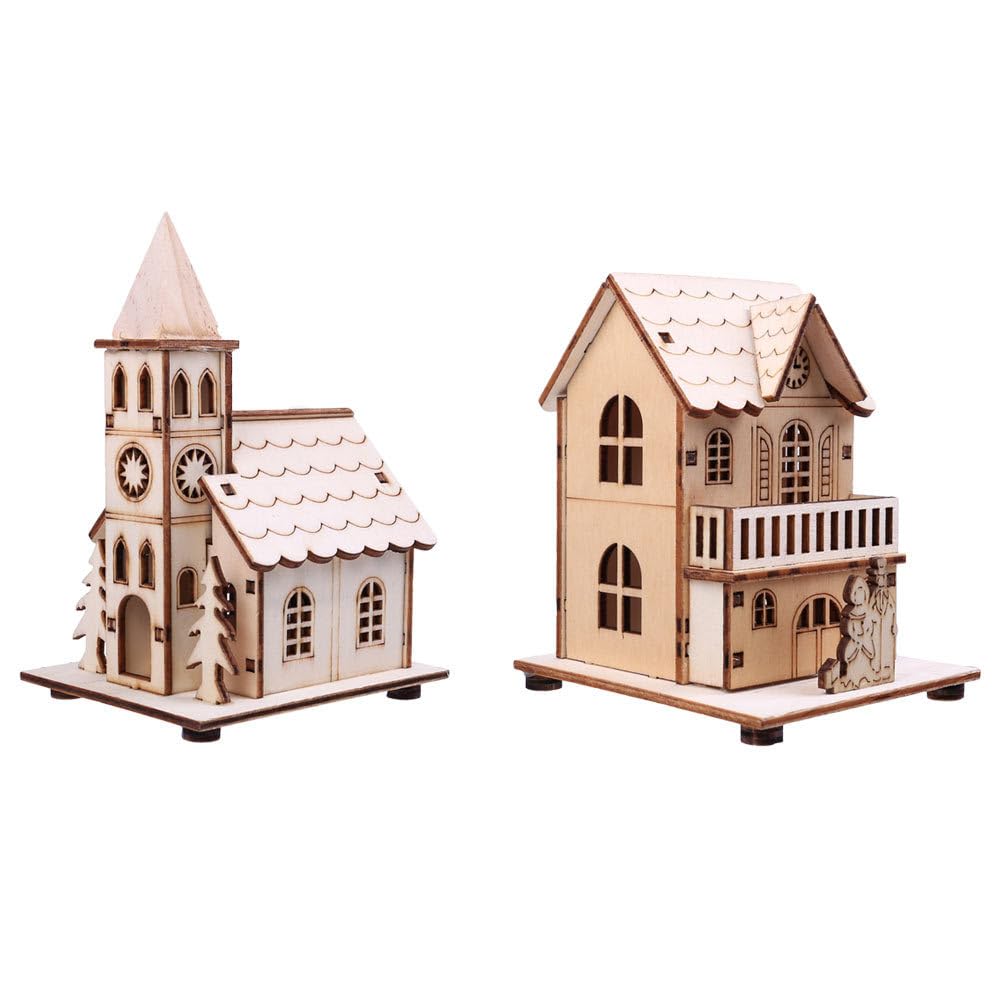 NUOBESTY 2pcs LED Light up Wooden Christmas House Village Decorations Christmas Table Centerpieces