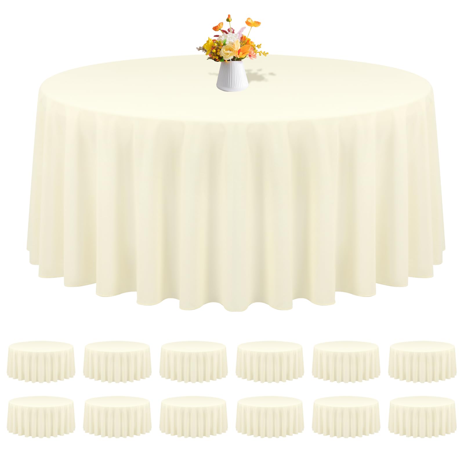 Photo 1 of REWOMC 12 Pack Round Tablecloths - 90 Inch, Beige Polyester Table Cover for Round Table, Stain and Wrinkle Resistant Washable Fabric Tablecloth, Polyester Tablecloth for Wedding Banquet Parties