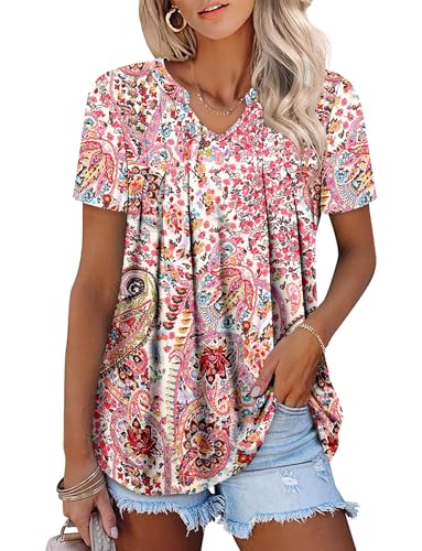 ONLYSHE Womens Floral Shirts Short Sleeve V Neck Tunic Tops PaisleyWhite M at Amazon