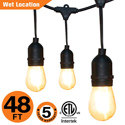 OOOLED 48-Foot Outdoor Weatherproof Commercial Grade String Lights with 16 Hanging Sockets- 18 LED Bulbs 1W S14 Incandescent Bulbs Included-Perfect Patio Lights & Party Lights-Black LED String Light - Thumbnail 7