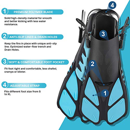 ZEEPORTE Mask Fin Snorkel Set with Adult Snorkeling Gear, Panoramic View Diving Mask, Trek Fin, Dry Top Snorkel +Travel Bags, Snorkel for Lap Swimming (ML/XL) (W40, ML/XL) (Renewed)