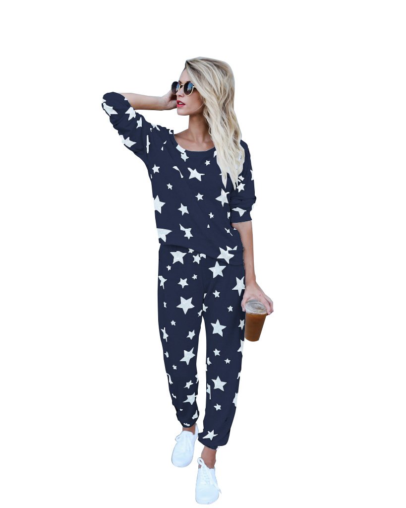 Mycherish Women Round Neck Cotton Flannel Pajamas Two Pieces Set with Star Pattern X-Large Cyan