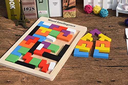 Brain Tetris Block , Early Education 40-PCS Colorful Wooden Tangram Jigsaw Puzzles Intelligence Puzzle for Preschool Children Kids (B) - Thumbnail 3