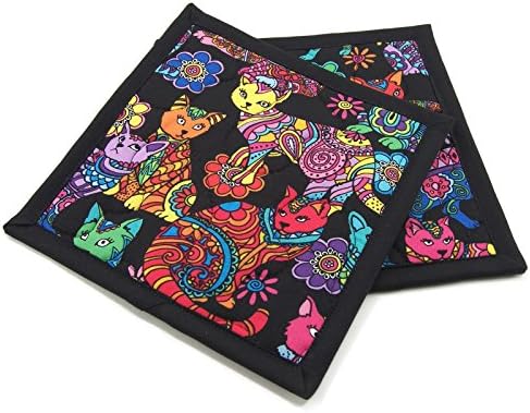 Cotton Pot Holders - Colorful Cats on Black - 8 Inch Square Kitchen Potholders - Set of 2