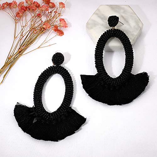 Women's Beaded Tassel Earrings Long Fringe Drop Bohemian Earings Dangle 7 Colors (Bead-Black) - Thumbnail 4