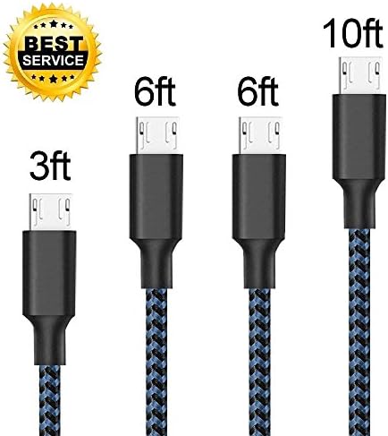 JoeyQing Android Charger Cable,4 Pack 3FT 6FT 6FT 10FT Extra Long Nylon Braided High Speed 2.0 USB to Micro USB Fast Charger Cable for Samsung Galaxy S7/S6 Edge,Note 5/4,HTC,LG,Nexus (Black Blue)