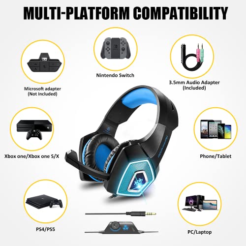 Glangeh Cascos Gaming con Luz RGB, Ligero Auriculares Gaming con Cable y Micrófono, Transductores 50mm USB y Jack Audio 3.5mm Auriculares Diadema Gaming Compatible con PC PS4 PS5 Xbox One Switch