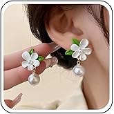 Yheakne Vintage Flower Pearl Drop Earrings White Gardenia Flower Earrings Acrylic Gardenia Earring Wedding Petal Floral Dangle Earring Jewelry for Women