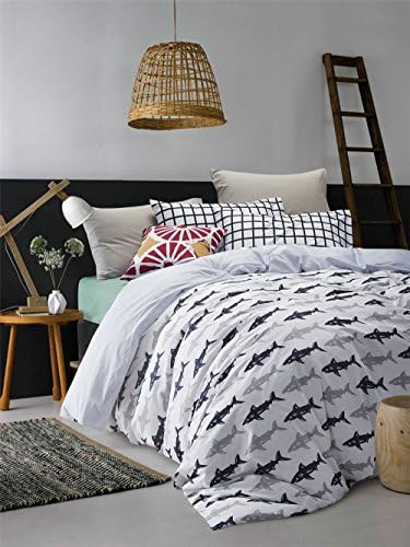 Auvoau Simple Cartoon Shark Duvet Cover Set，Green Sheet Set for Kids，Fitted Sheet Flat Sheet Twin Queen King Size. (King, Flat Sheet)