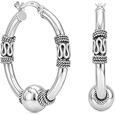 LeCalla 925 Sterling Silver Bali Hoop Earrings for Women | Antique Balinese Beaded Hoop Earrings | Balinese Rope Pattern Click-Top Hoops Earring | Two-Tone Bohemian Tribal Bali Hoop Earrings
