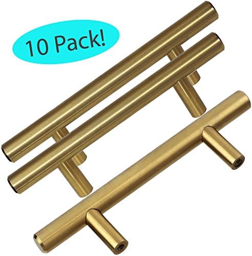 SOLID STAINLESS STEEL - BRUSHED BRASS GOLD Cabinet Pulls (10 Pack), 3" center to center, 5.25 length, Modern cabinet hardware by Charmed Life