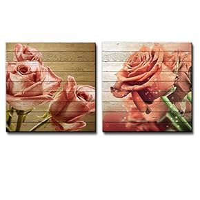 Bouquet of Vintage Pink Roses Along with a Bouquet of Orange Roses Over Wooden Panels - Canvas Art Home Art - 12x12 inches