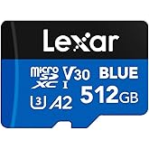 Lexar 512GB Blue Micro SD Card Up to 160MB/s, microSDXC UHS-I Memory Card with SD Adapter, C10, U3, A2, V30, Full HD, 4K UHD,