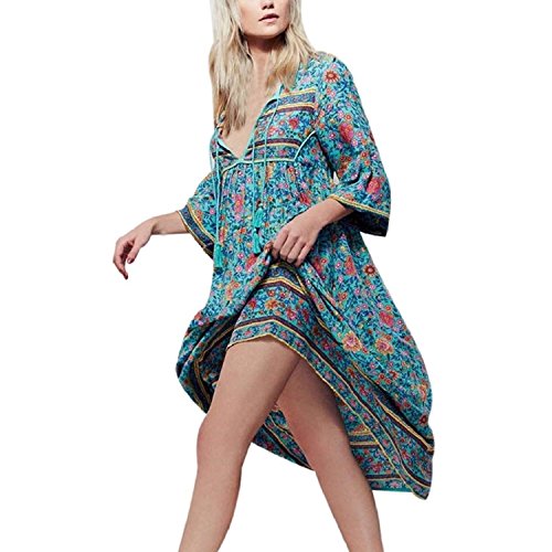 PADEK Women Summer Floral Print Long Sleeve Dress Beach Long Maxi Dress Size S-XXXXXL