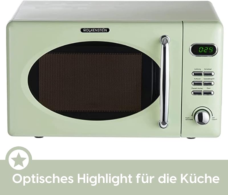 Retro Stand Mikrowelle WMW720 I 700W Mikrowellenleistung I 20L Garraum I5 Leistungsstufen I 8 Garprogramme IAuftaufunktion I Metall-Gehäuse I Drehteller (24,5cm) I LED-Display (Green) — Foto 5 von 6