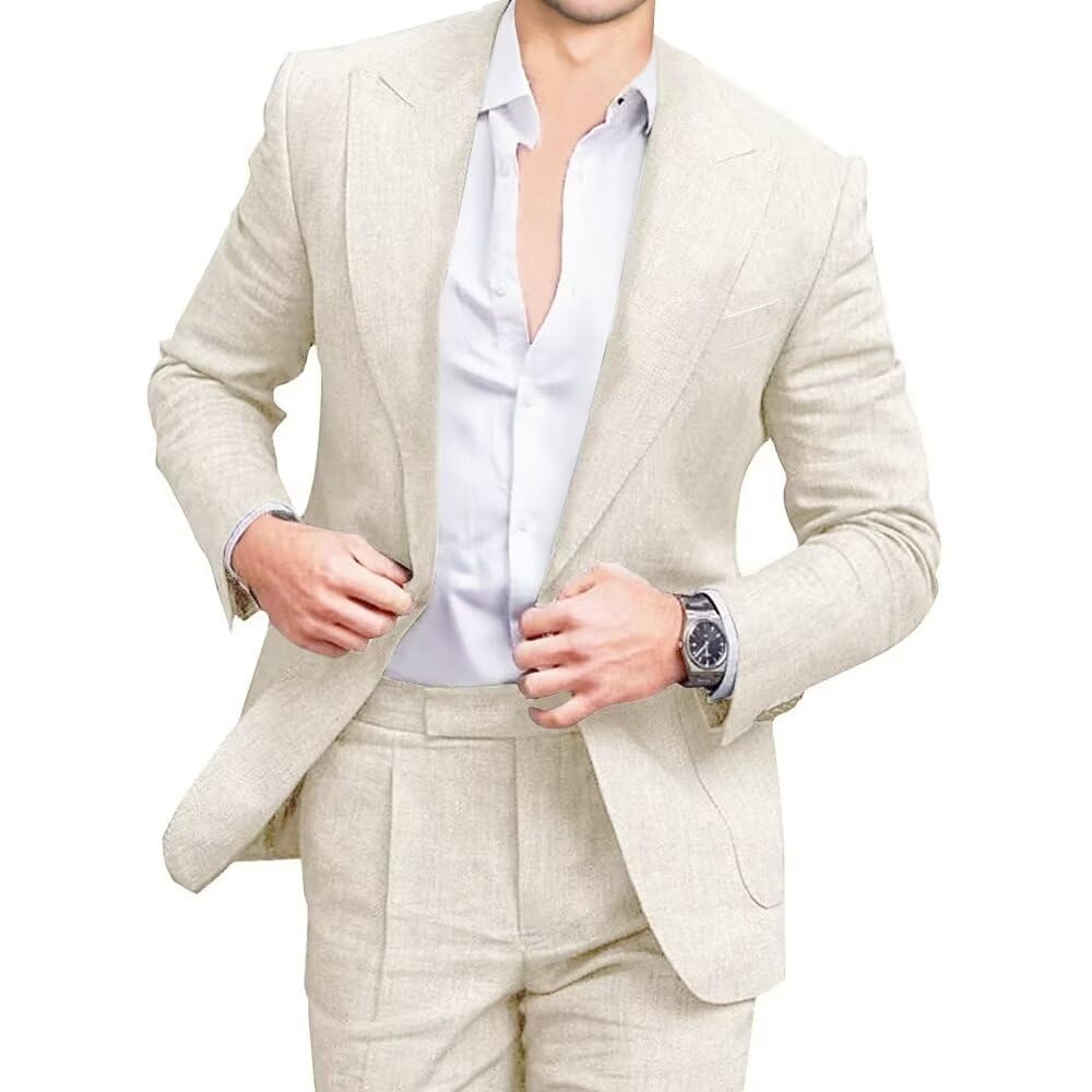 Photo 1 of Mens Linen Suits 2 Piece Beach Wedding Blazer Summer Grooms Classic Lightweight Breathable Jacket Pants Beige (size Unknown)