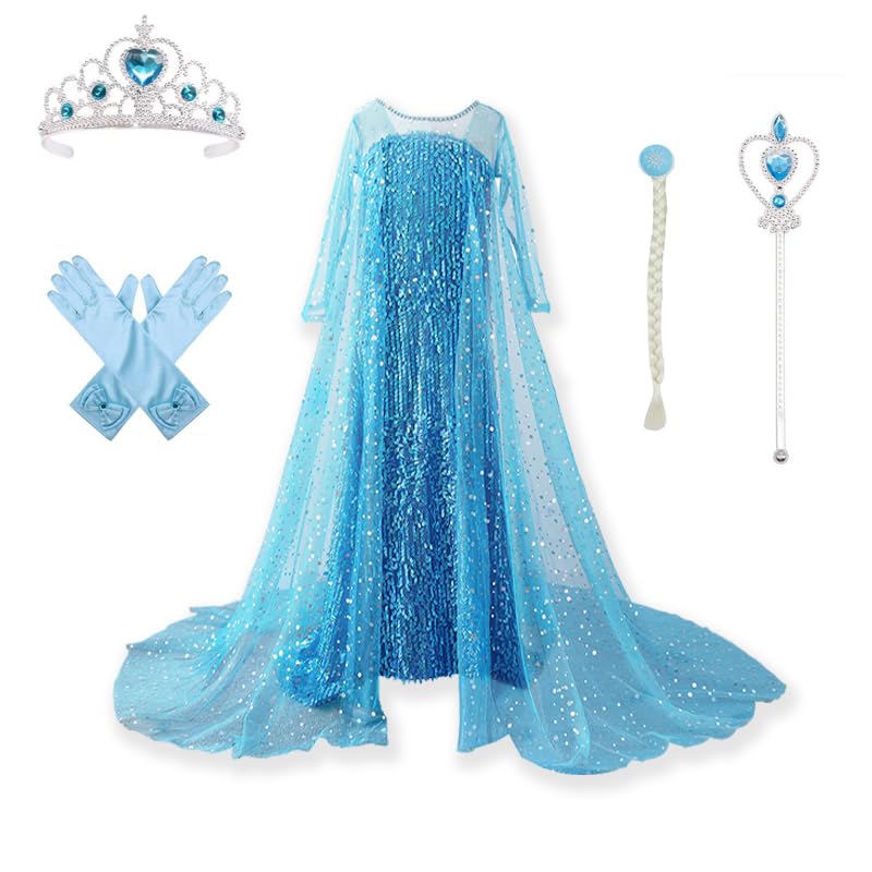Photo 1 of visofayo Girls Sequin Princess Dress Costume with Shiny Cape, Blue (Blue, 5-6 Years)