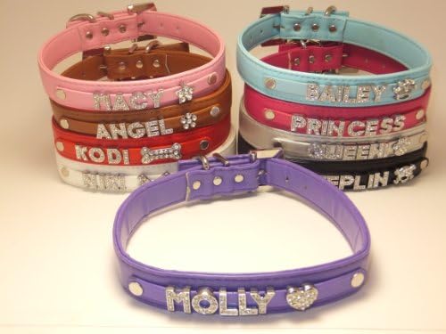 Personalized Custom Fashion Leather Classic Big Large Dog Collar Swarovski Crystal Rhinestone Letters Plus Free Charm Black, Hot Pink, Purple, Baby Blue, White, Red, Brown, Pink, Silver Size Medium Large XLarge (Purple, XL 21"L x 1" W fits 16.5"-19 3/4")