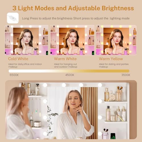 TEENFON Vanity Desk with Mirror and Lights, Makeup Vanity with Glass Top, RGB Lighted Drawers and Power Outlet, Dressing Table with 7 Drawers, 4 Shelves and 5 Jewel Hooks, Bedroom, White