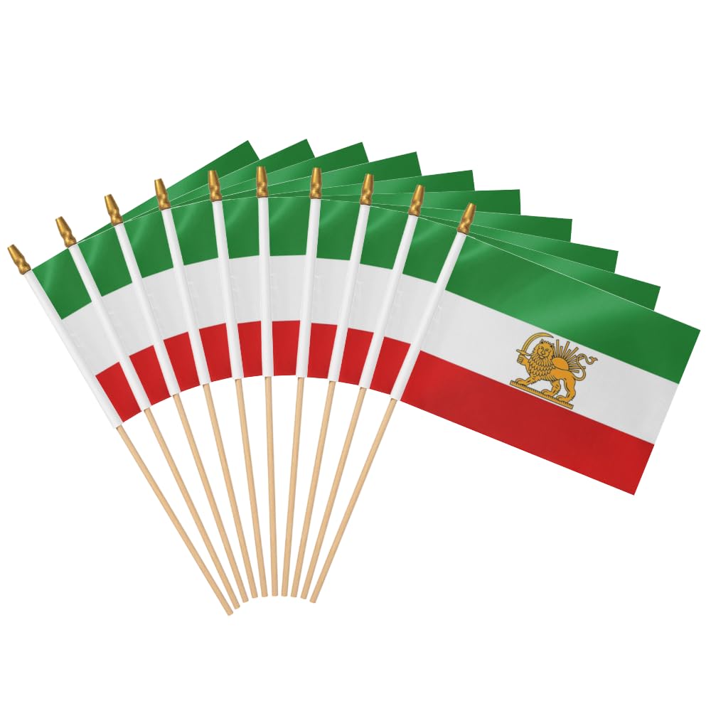 Photo 1 of 12 Pack Old Historic Iran Iranian with Lion Sun and Crown Handheld Stick Flag 5x8 Inch on Wood Stick Former Iran Lion Sun Banner Persia Historic Iranian Revolution Small Mini Handheld Flags,Party Decor Parades Festival Event Celebration.