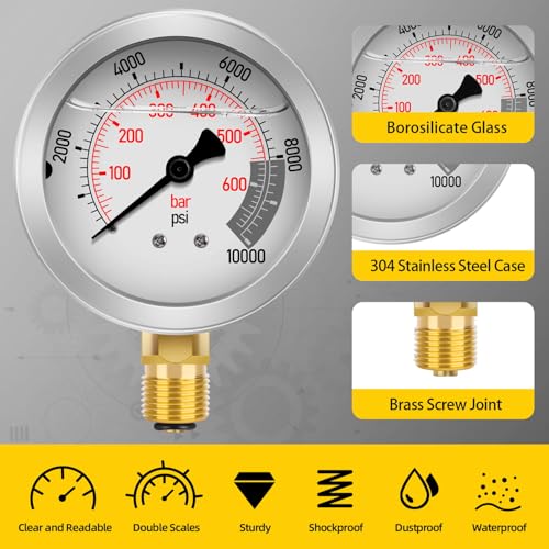 GRYVOZE Hydraulic Pressure Test Kit with 5 Gauges(Max 10000 PSI), 13 Test Couplings 14 Tee Connectors 5 Test Hoses, Hydraulic Gauge Tester Set for Excavator, Construction, Machinery, and Mine