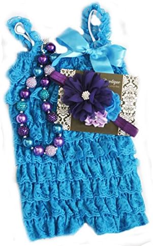 Baby Girl Lace Romper Set- Baby Birthday Outfit Cake Smash by Pretty Baby Bowtique (6-13months, Turquoise and Purple)