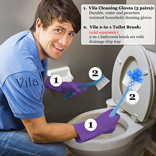 image for Vila Rubber Cleaning Gloves --- (Pack of 3) Durable, Leak-Proof, Punct